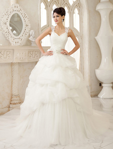 Robe de mariage en tulle ivoire avec paillettes à traîne chapelle