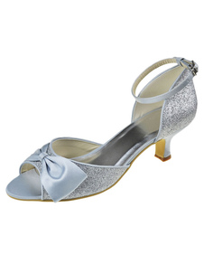 Chaussure de mariée en tissu de paillettes argent à petit talon