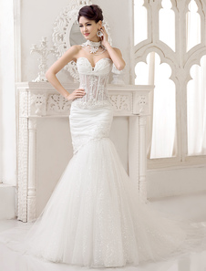 Robe mariée magnifique sirène en dentelle ivoire avec perles traîne chapelle