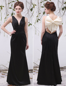 Robe fascinante de soirée noire sirène col V creusé longueur plancher