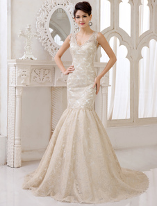 Chic robe mariage sirène en dentelle champagne col V traîne courte