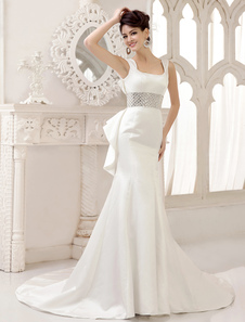 Chic robe mariage sirène en satin ivoire avec perles col carré traîne chapelle