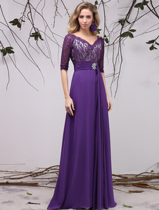 Robe mère de mariés en chiffon violet foncé avec strass