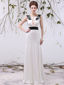 Robe de soirée en polyester ivoire avec applique