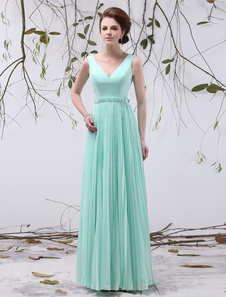 Robe mère de mariée A-ligne en chiffon col V avec ceinture longueur plancher