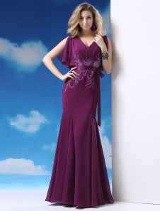 Robe mère de mariée violet foncée sirène en chiffon col V à volants longueur plancher