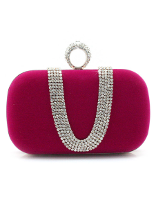 Pochette de soirée en velours fuchsia imprimé géométrique avec strass et bandoulière réglable