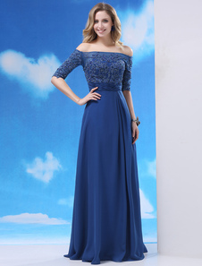 Robe de soirée belle bleu roi A-ligne en chiffon avec applique col bateau longueur plancher
