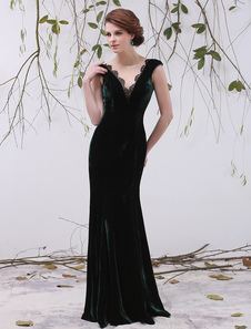 Robe mère de mariée vert foncée A-ligne en velours col V avec dentelle longueur plancher