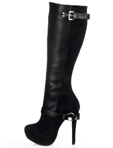 Noir amande Toe Stiletto talon Zipper PU cuir attractif genou longueur bottes pour dames