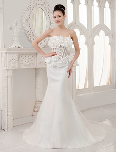 Robe de mariée bustier sirène en tulle ivoire avec dentelle