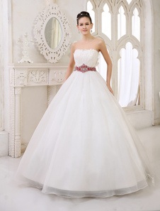 Chic robe mariage boule en organza ivoire avec plume encolure bustier longueur plancher