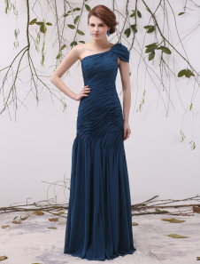 Robe mère de mariée fourreau en chiffon plissé à une épaule longueur plancher