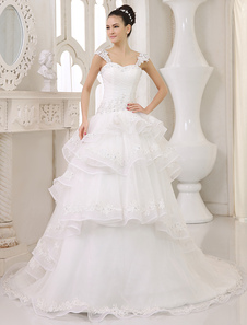 Robe mariée magnifique boule en organza avec perles encolure en coeur traîne courte