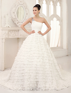 Robe de mariage exquise boule en chiffon ivoire avec plissement traîne courte