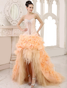 Robe de mariée A-ligne en organza avec fleur encolure en coeur coupe asymétrique