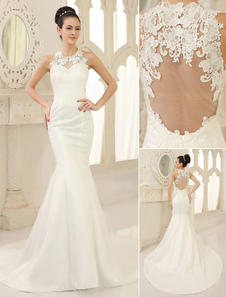 Robe de mariée sirène en satin ivoire avec dentelle à traîne