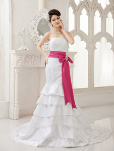 Chic robe mariage sirène en dentelle ivoire avec ceinture encolure bustier traîne courte