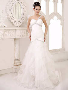 Robe mariée magnifique sirène en organza ivoire à volants encolure en coeur et traîne