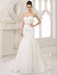 Chic robe mariage sirène en organza ivoire avec fleur col dentelé traîne courte