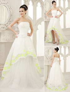 Robe de mariée bustier asymétrique en organza ivoire avec dentelle