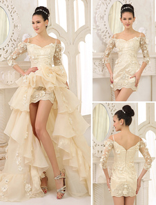 Robe mariée magnifique A-ligne en organza à volants hors de l'épaule traîne démontable