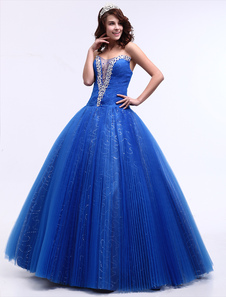 Robe boule en tulle bleu roi avec paillettes encolure en coeur