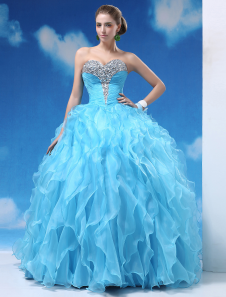 Robe boule en organza bleu ciel clair à volants encolure en coeur