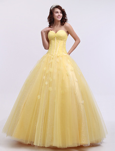 Robe boule en tulle jonquille avec perles encolure en coeur