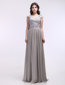 Robe mère de mariée argente A-ligne en chiffon hors de l'épaule avec perles longueur plancher