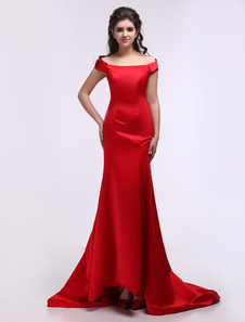 Robe de soirée sirène rouge hors de l'épaule à traîne