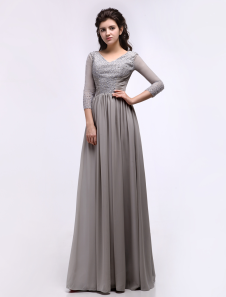 Robe mère de mariée argente fourreau en chiffon col V avec perles longueur plancher