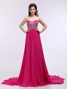 Robe de soirée A-ligne en chiffon fuchsia plissé col en coeur