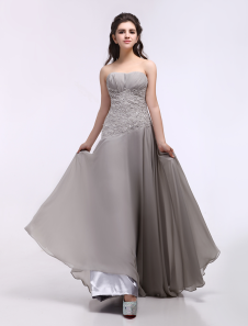 Robe mère de mariée argente A-ligne en chiffon encolure en coeur avec perles