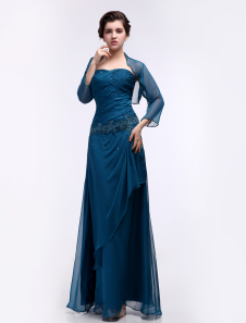 Robe mère de mariés en mousseline de soie bleu océan plissée