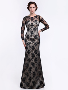 Robe mère de mariée sirène en satin col rond creusé longueur plancher