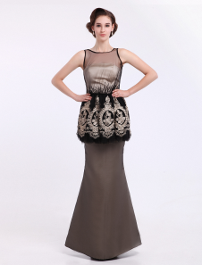 Robe mère de mariée sirène en tulle col rond avec perles longueur plancher