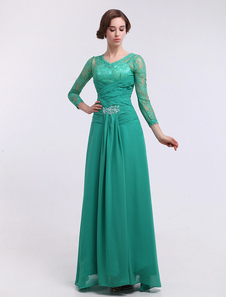 Robe mère de mariés en chiffon vert de mer à col V avec perles