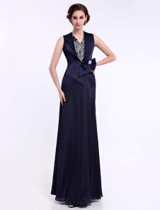 Robe mère de mariée bleu marine foncée fourreau en chiffon col V avec strass