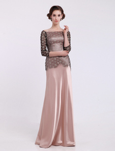 Robe mère de mariée rose rougissante fourreau en satin stretch col bateau avec dentelle