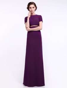 Robe mère de mariée pourpre fourreau en chiffon col rond avec ceinture longueur plancher