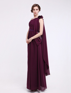 Robe mère de mariée bordeaux A-ligne en chiffon à une épaule avec perles longueur plancher