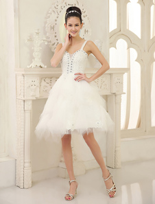 Robe de mariage exquise A-ligne en tulle ivoire avec perles encolure en coeur longueur mollet