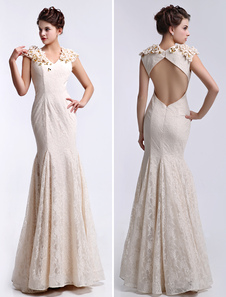 Robe exquise de soirée champagne sirène en dentelle avec perles col V longueur plancher