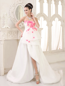 Robe de mariée gracieuse A-ligne en organza ivoire avec fleur bustier traîne courte