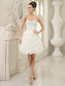 Chic robe mariage A-ligne en tulle ivoire avec perles encolure en coeur mini