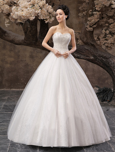 Robe mariée magnifique boule en tulle blanc avec perles encolure en coeur longueur plancher