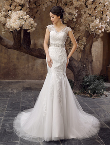Robe mariée sirène en tulle ivoire avec strass à col V