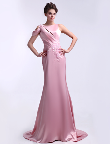 Robe fascinante de soirée rose fourreau en satin stretch avec applique col rond à traîne