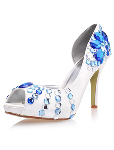 Chaussures nuptiales en fausse soie avec strass bleue
